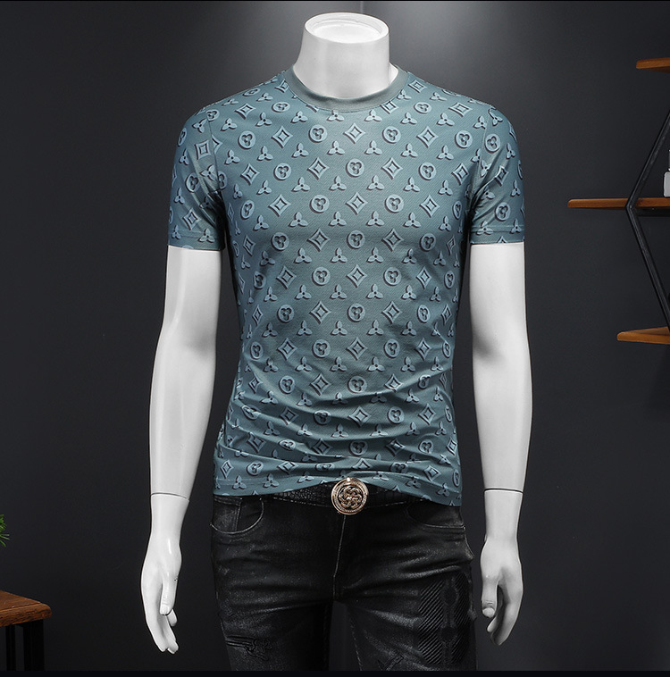 Free Shipping 2026 Summer New Printed Short Sleeve T Shirt Men Trendy Fashion Round Neck Slim Fit Oversize Versatile Top Green Coffee Grey