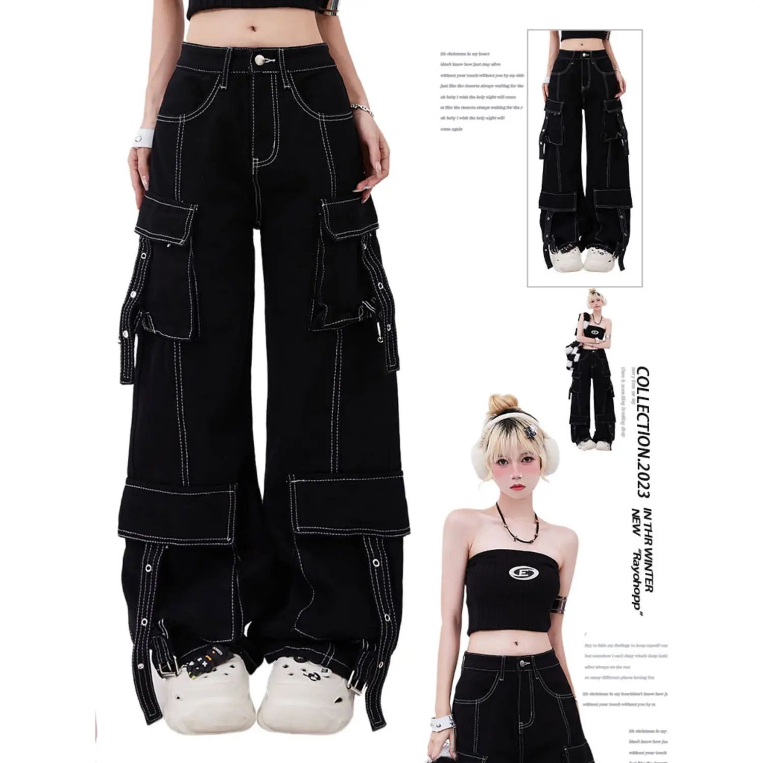 American Retro Dopamine Wear With Women Multi Pocket Cargo Pants Line Decoration All Straight Leg Loose Wide Jeans 251225