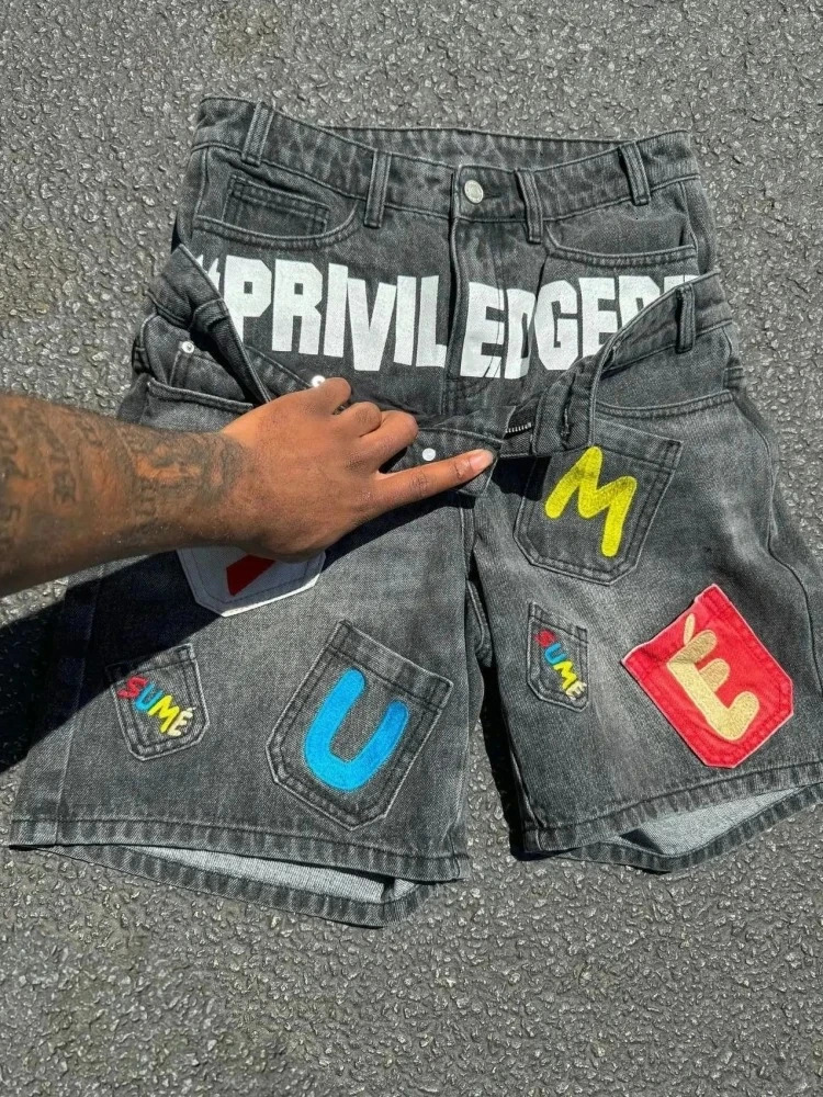 HOUZHOU Vintage Letter Denim Shorts Women Hip Hop Y2k Two Pieces Jorts American Retro Patchwork Baggy Street Short Jeans 251225