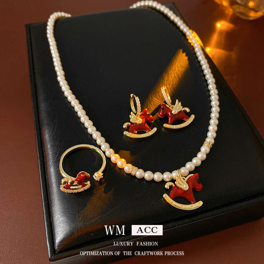 Chinese Zodiac Horse Necklace, Round Beaded Pearl Choker, Enamel Pendant, Red & Gold Bridal Birthday Gift for Women, New Asian Style Jewelry