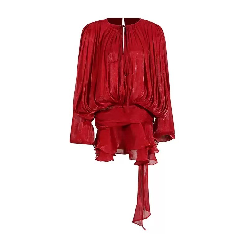 Casual Dresses Chic Ruffle Hem Mini Dress O Neck Lace Up Loose Blouse Lantern Sleeve Solid Chiffon Vestidos 2025 Lady Spring Gown