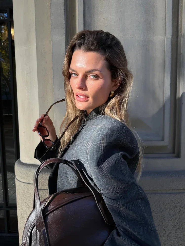 Women Irregular Plaid Blazer Jacket Fashion Stand Collar Full Sleeve Split Loose Short Jackets 2026 Daily Commute Outerwears 251225