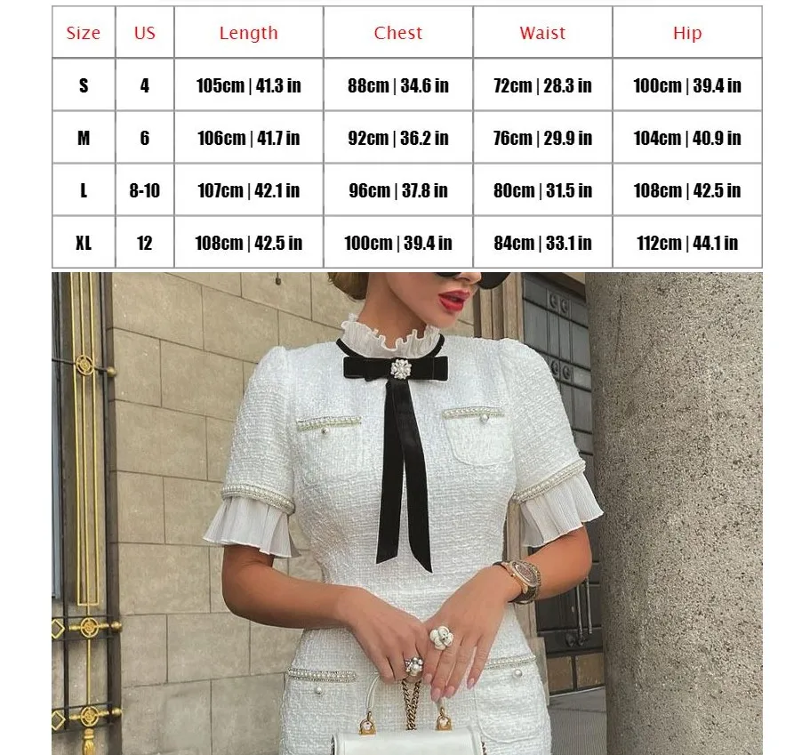 Casual Dresses Women Dress Elegant Round Neck Short Sleeves Bow Ruffle Hem Beaded Fashion High Street Fairycore White