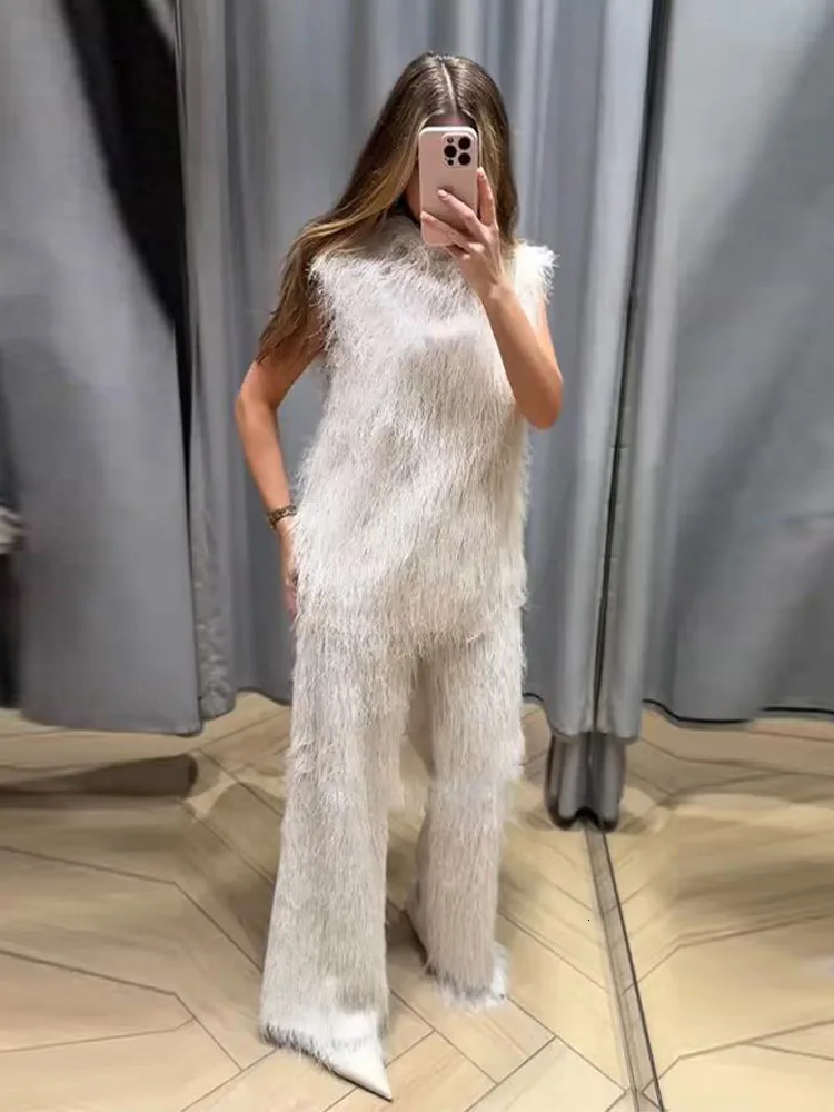 Tassel Womens Pant Sets Sleeveless ONeck Top Female Straight Solid Elegant Fashion Suit Casual Chic Women 251225