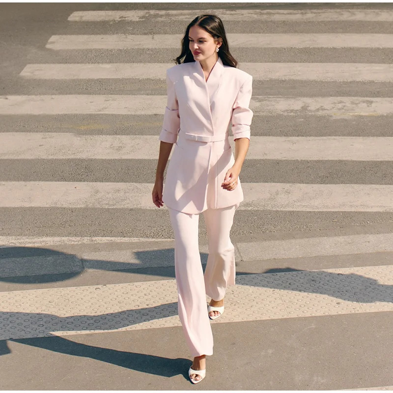 Elegant Women Pant YNeck Concealed Buckle Waistband Suits Female Solid Straight Pants Pad Shoulder Classic Womens Set 251225