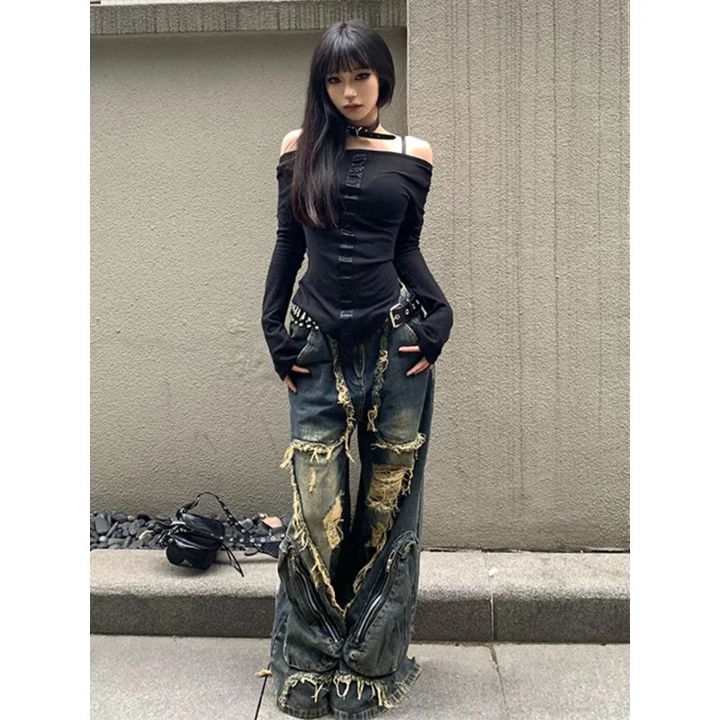 American high street n deconstructed tassel ripped jeans for women summer retro distressed large pocket floor mopping pants 251225