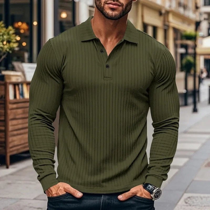 Mens Autumn Classic Casual Elastic Pit Strip Polo ShirtAmerican Lapel Button-up Long-Sleeved T-shirt 251225