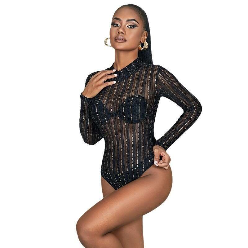 Bodystockings clothing Hot Black Long Sleeve Gold Stamping Mesh See-Through Bodysuit No Need to Take Off Women Spring Autumn Wearable Thin nderwear