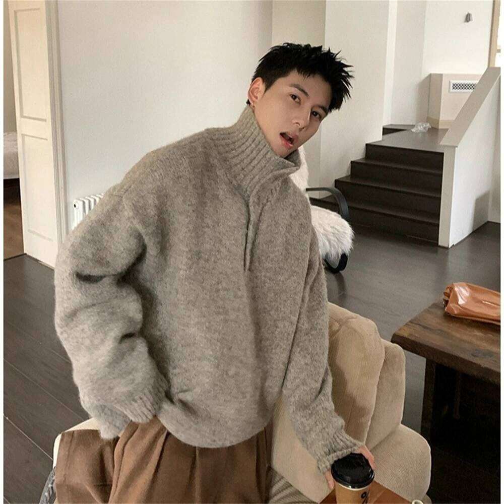 New Men High Collar Knitted Button Up Autumn Winter Warm Outerwear Loose Lazy Style Fashion Turtleneck Knit Sweater