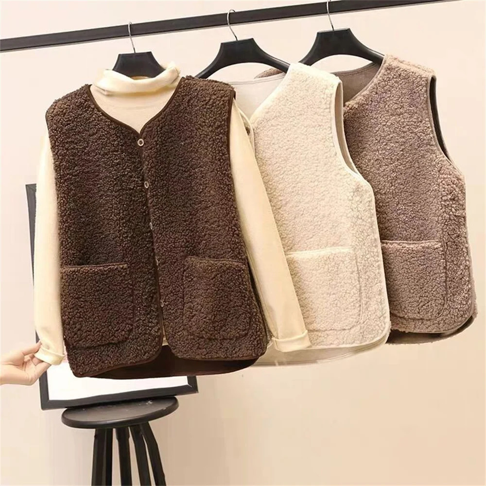 Vests Spring Autumn Women Button Waistcoat Lamb Wool Winter Thermal Warm Thick Fleece Sleeveless Jacket Ladies Coats 251225