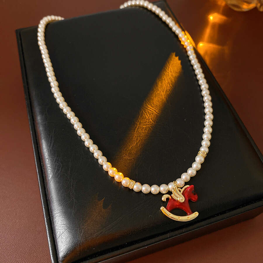 Chinese Zodiac Horse Necklace, Round Beaded Pearl Choker, Enamel Pendant, Red & Gold Bridal Birthday Gift for Women, New Asian Style Jewelry
