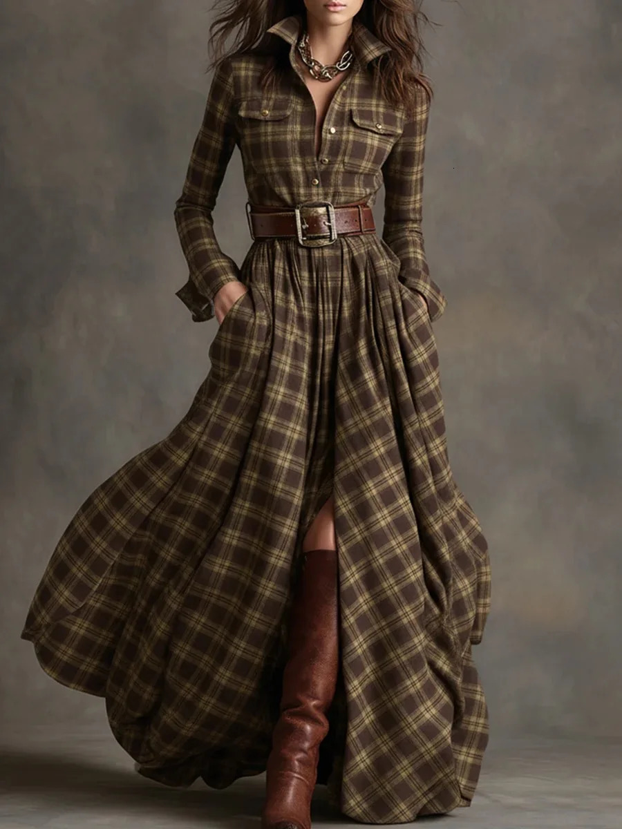 French Womens Plaid Dress Shirt Button Cardigan Lapel Fashion Belt Pocket Irregular A-line Long Skirt for Female 251222