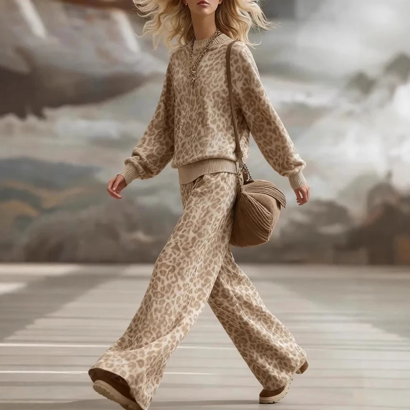 Vintage Leopard Print 2 Piece Sets Woman Elegant O Neck Sweatshirt Wide Leg Trousers Suit Fall Winter Long Sleeve Loose Outfit 251225