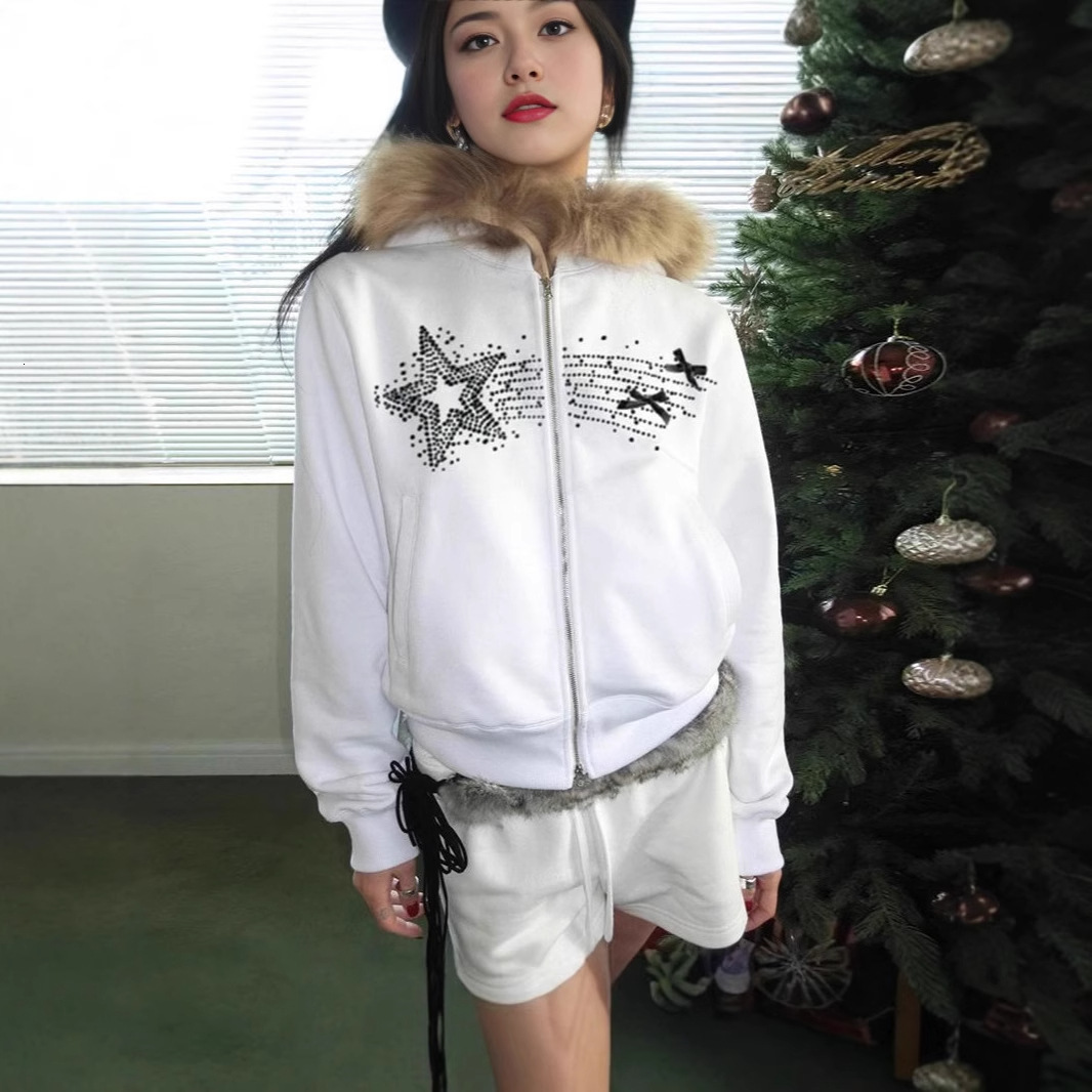 Autumn Winter Harajuku American High Street Fur Collar Zipper Hoodie Men Y2k Goth Punk Hiphop Rock Oversized Sweatshirt Women 251028