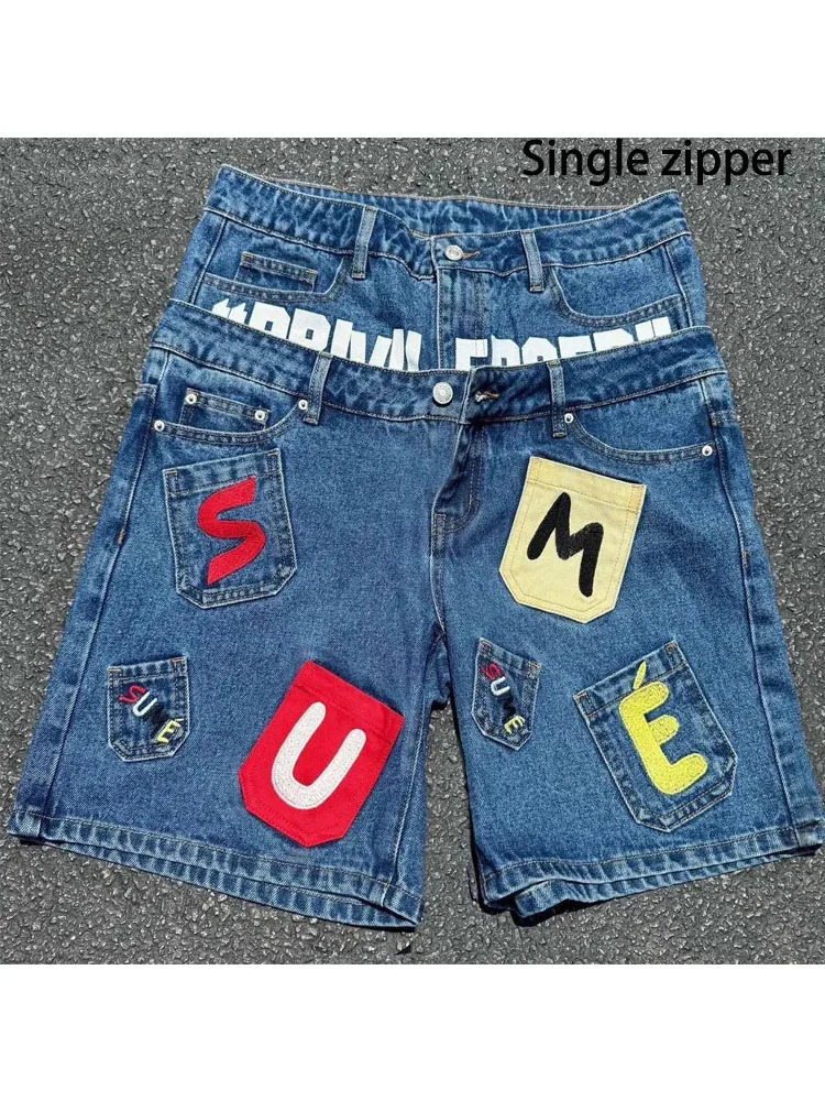 HOUZHOU Vintage Letter Denim Shorts Women Hip Hop Y2k Two Pieces Jorts American Retro Patchwork Baggy Street Short Jeans 251225