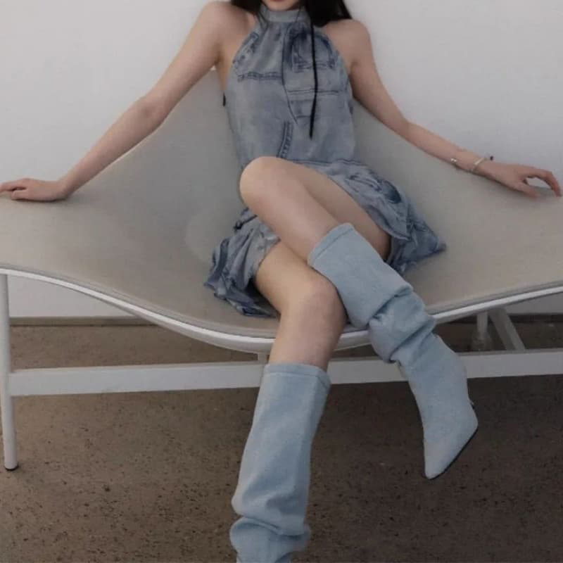 Winter Women Denim Long Boots Fashion Pointed Toe Ladies Elegant Knee High Boots Thin High Heel Knigh Boot NOXYZ16