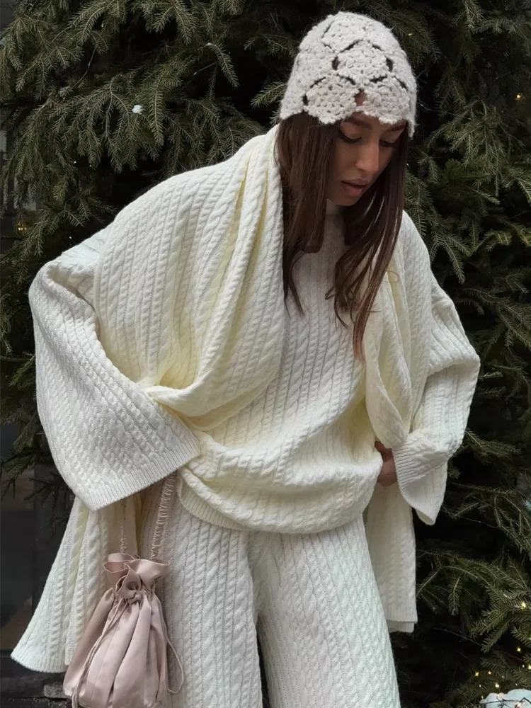 Solid Knitted Sweater Pants 2 Piece Suit Elegant Women High Collar Pullover Loose Trousers Set Autumn Winter Female Outfit 251225