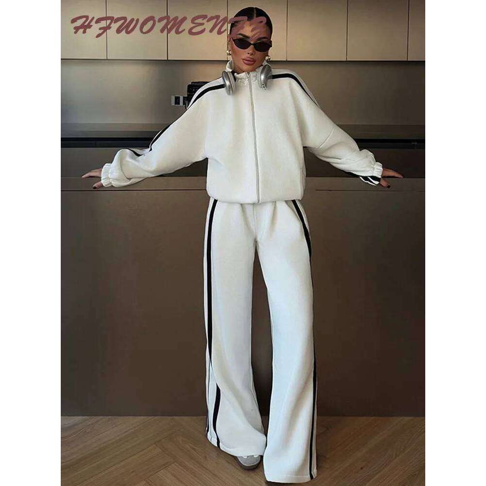 Stripe Contrasted Sweatshirt Pant Set Women Casual Stand Collar Full Sleeve Zippers Sport Coat Wide Leg Trousers 2 Piece Sets