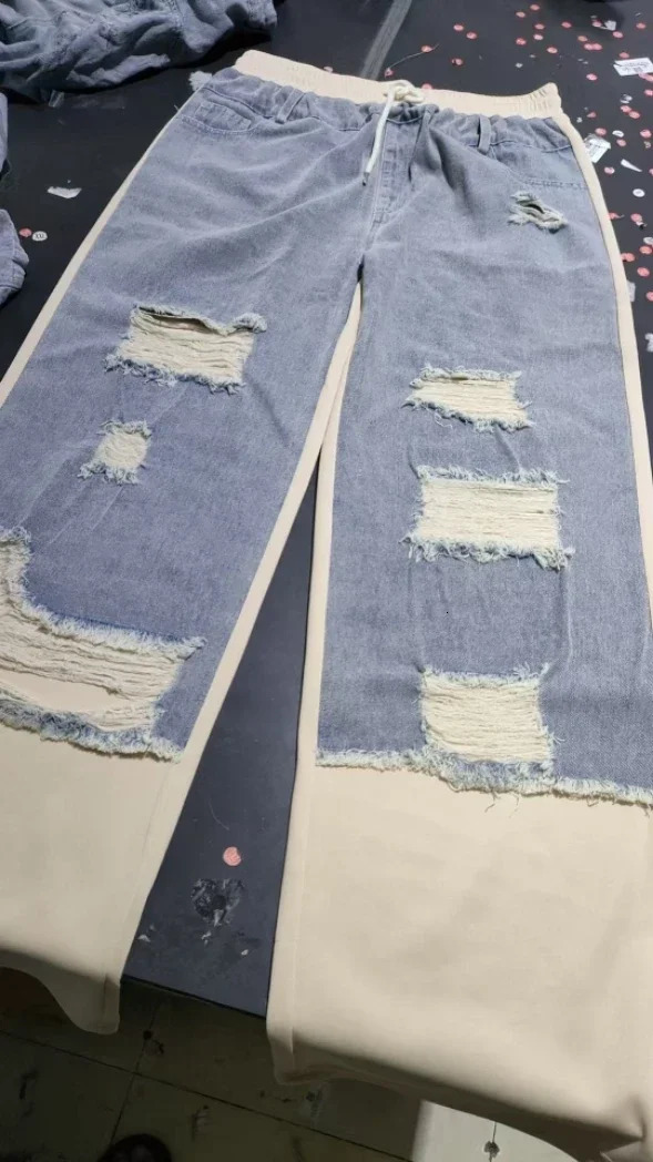 Womens Denim Trousers with Stitching and Ripped n Patchwork Hole Elastic Waist Straight Jeans Casual Street Comfy 251225