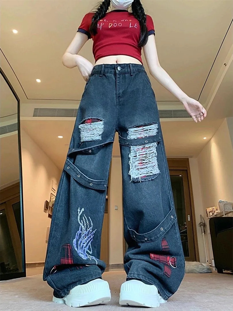 Dark Punk Retro Washed American Ripped Jeans Women Street Y2K Loose Oversized Wideleg Pants Trend Joker Mopping 251225