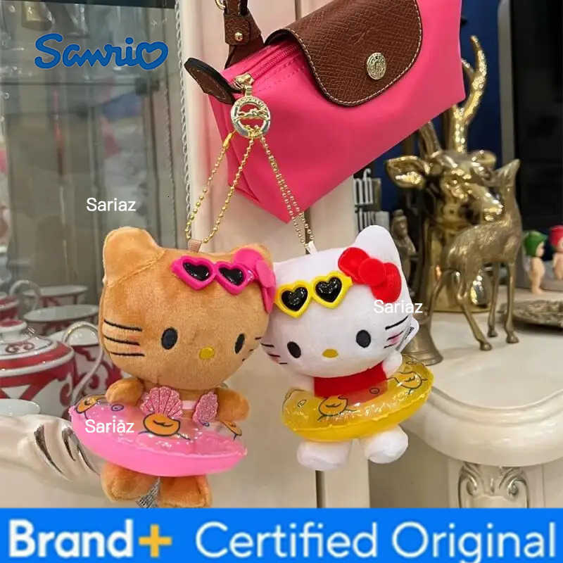 Sanrio Sweet Hello Kitty Black Skin Hawaii Vacation Keychain Cartoon Kitty Cat Swimming Ring Couple Pendants Cute Downy Soft Dolls Gift H251225