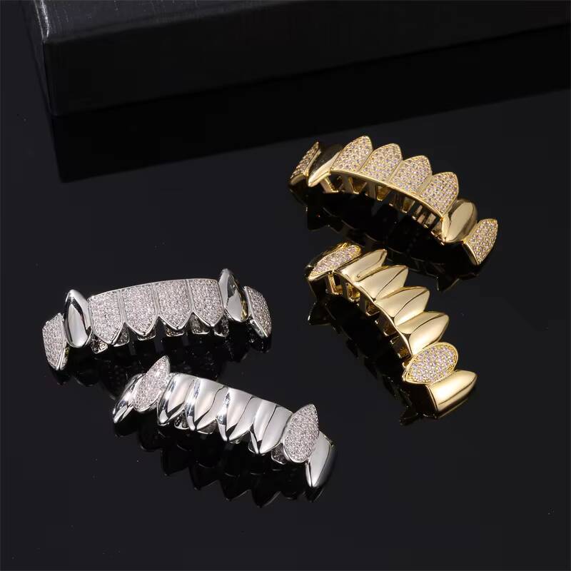 Hip Hop Stainless Steel Teeth Grillz with Diamond Zircon Gold Plated Silver Set-for Parties Anniversaries or Gifts
