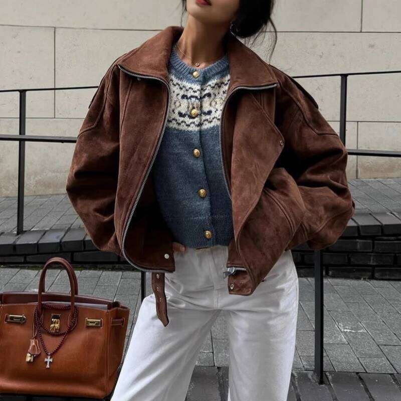 European And American Brown Lapel Irregular Short Loose Jacket Retro Maillard Designer Fashion 2026 Fashion Casual Top