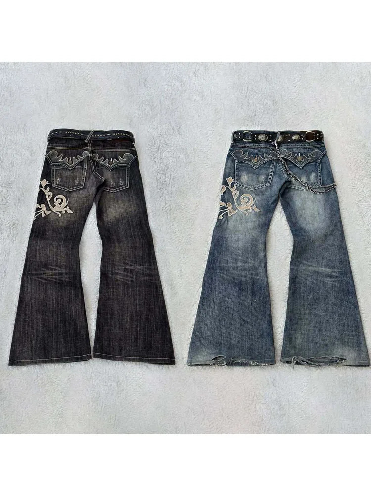 HOUZHOU Y2k Retro Flared Jeans Women Harajuku Gothic Embroidery Denim Pants Vintage Punk Baggy Street Grunge Washed Trousers 251225