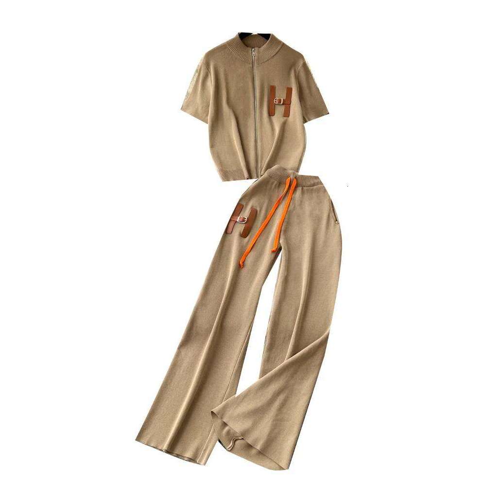 Designer Clothes Leisure Suit Women S European Round Neck Short Sleeved Knitted Cardigan High Waist Wide Leg Pants Summer Two Piece Set Hot Selling