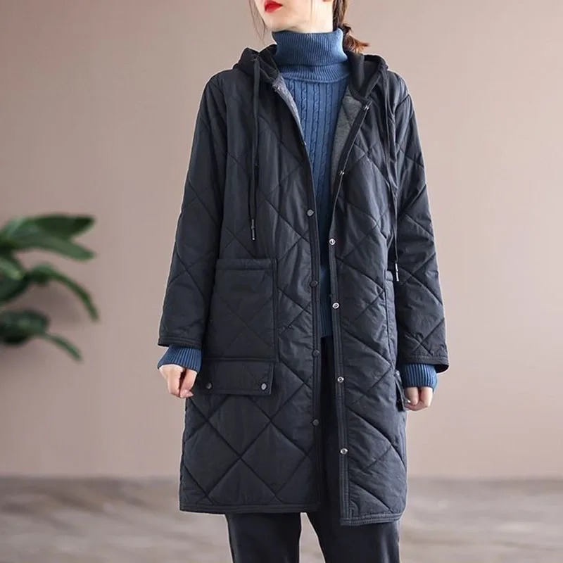 Autumn Winter Lingge Cotton Jacket Women Hooded Loose Thick Warm Parkas Female Long Sleeve Casual Padded Outwear Lady 251225