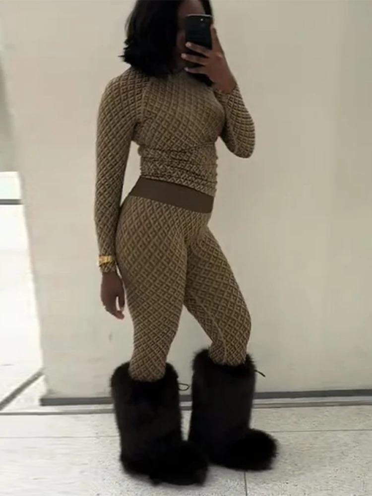 Women Print Base Layer Set Sheath Long Sleeve Turtleneck Pullover Trousers Chic Allmatch Twopiece Sets Sport Street Underwear 251225 - view 7