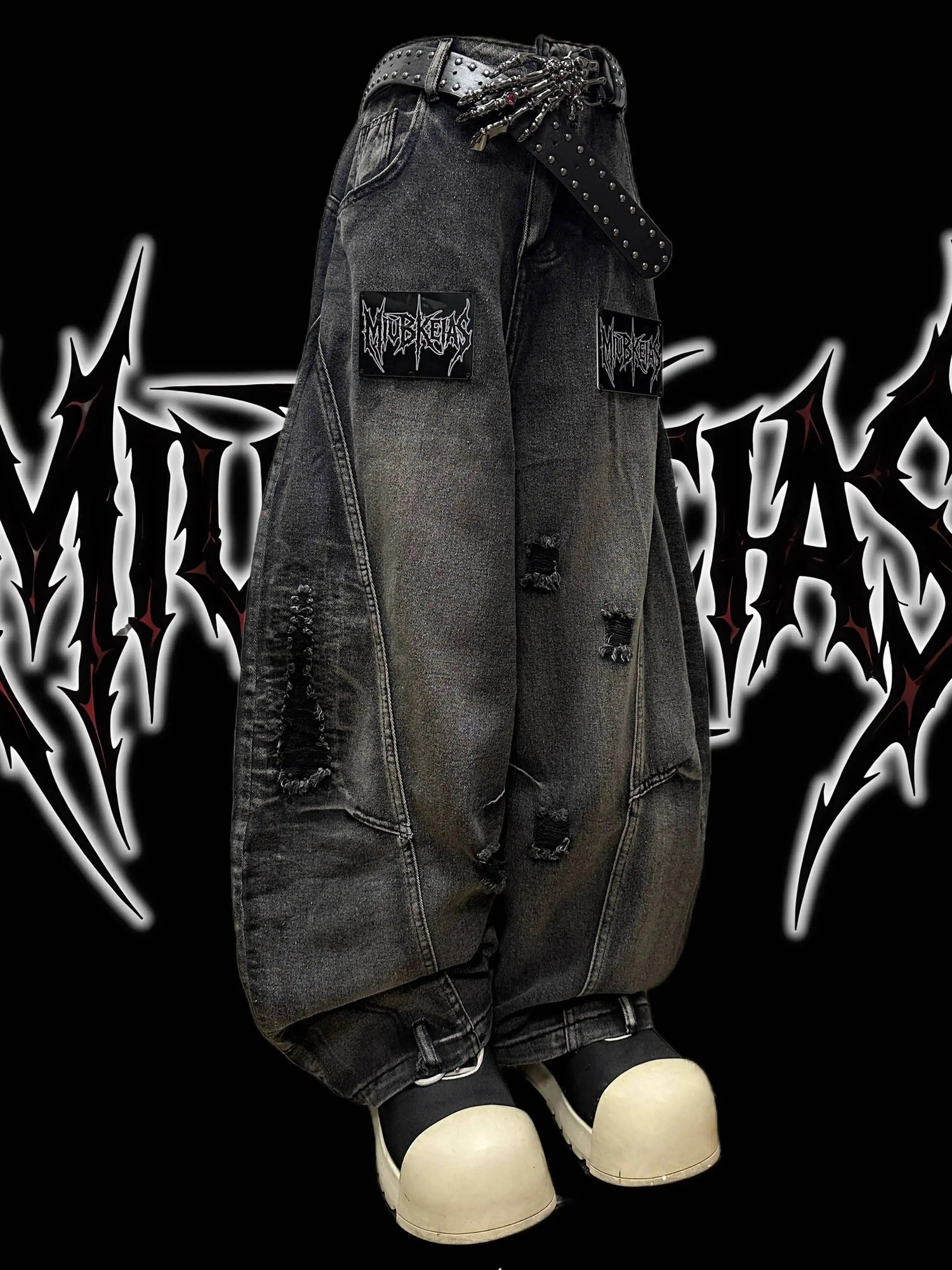 Punk Gothic Jeans Unisex Autumn Winter Street Denim Pants Letter Distressed Loose Wide Leg Y2K 251225