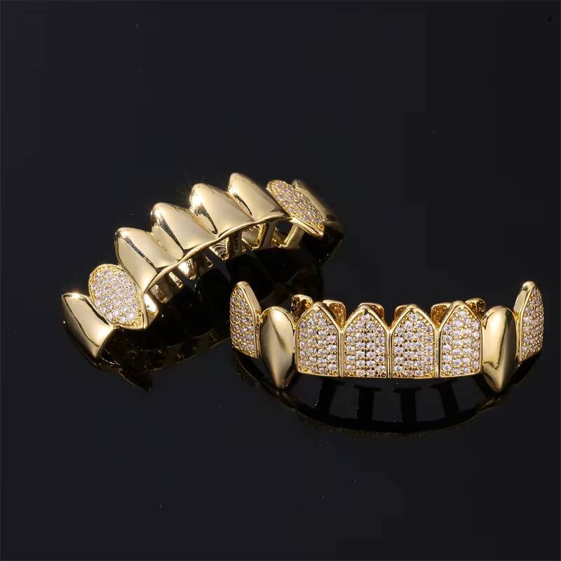 Hip Hop Stainless Steel Teeth Grillz with Diamond Zircon Gold Plated Silver Set-for Parties Anniversaries or Gifts