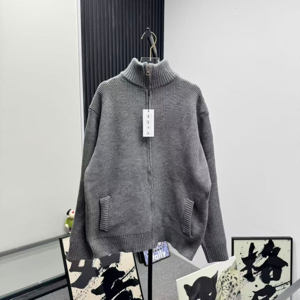 Embroidered Unisex Loose Letter Jacket New Zipper Stand Collar Sweater Red Same Style Knitted Top Cardigan Knitwear