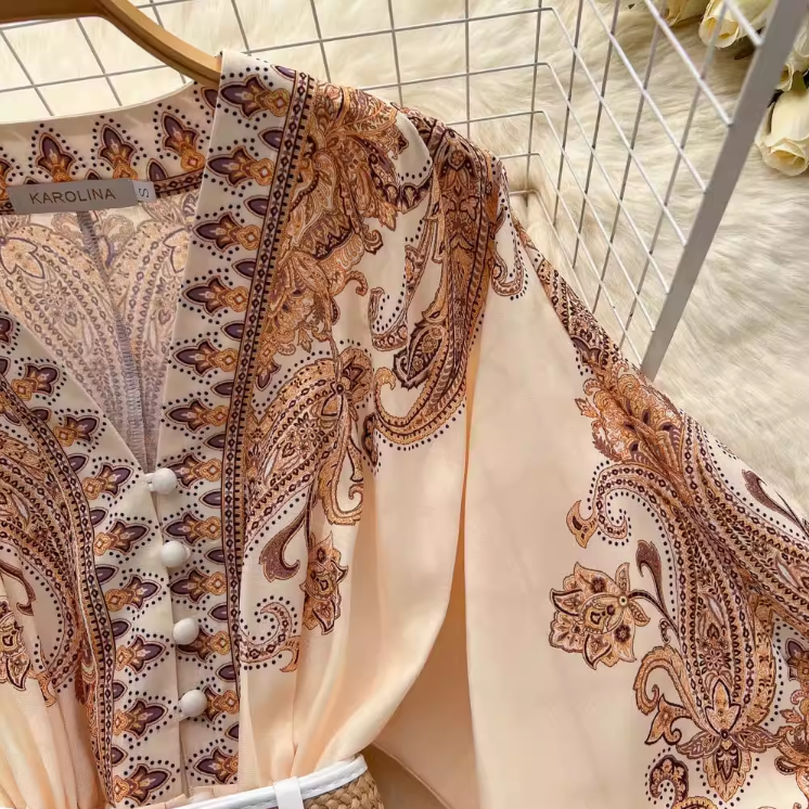 Basic Casual Dresses AELEWELL Women Dresses Spring Runway Fashion Paisley Print Vintage Dress V Neck Long Lantern Sleeve Belted Mini Dress