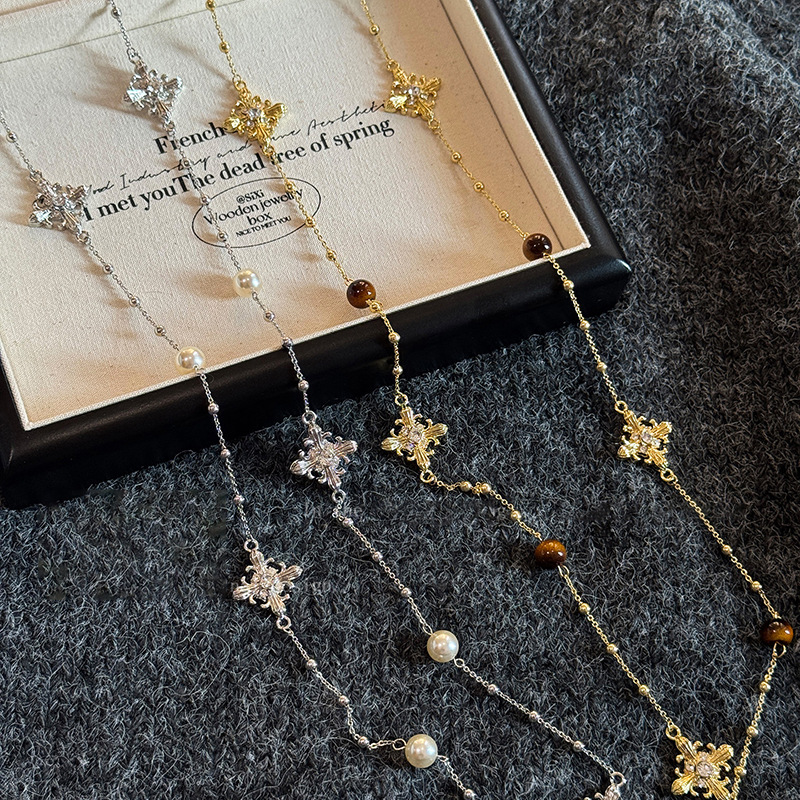 Diamond Tiger Eye Stone Cross Pearl Necklace Vintage Niche Design Sweater Light Luxury High-end Neck Chain for Women - view 4