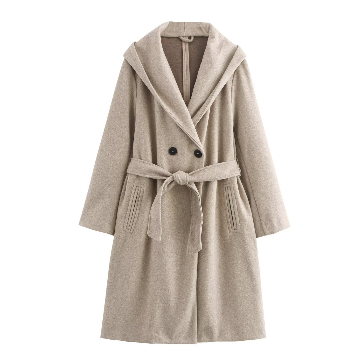 Nlzgmsj TRAF autumn winter wool coat beige solid double-layer breathable hooded coat casual womens fashionable top 240828 - view 5