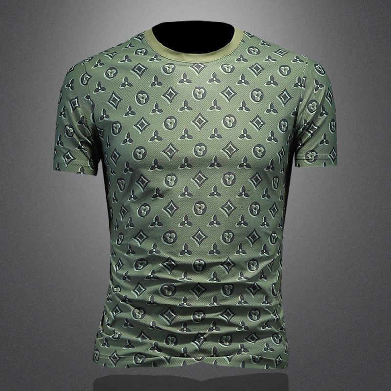 Free Shipping 2026 Summer New Printed Short Sleeve T Shirt Men Trendy Fashion Round Neck Slim Fit Oversize Versatile Top Green Coffee Grey
