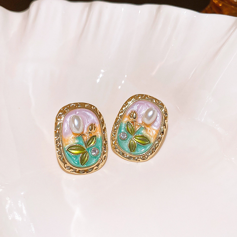 Silver Needle Oval Flower Pearl Monet Garden French Retro Palace Style Sweet Fresh Earrings - view 5
