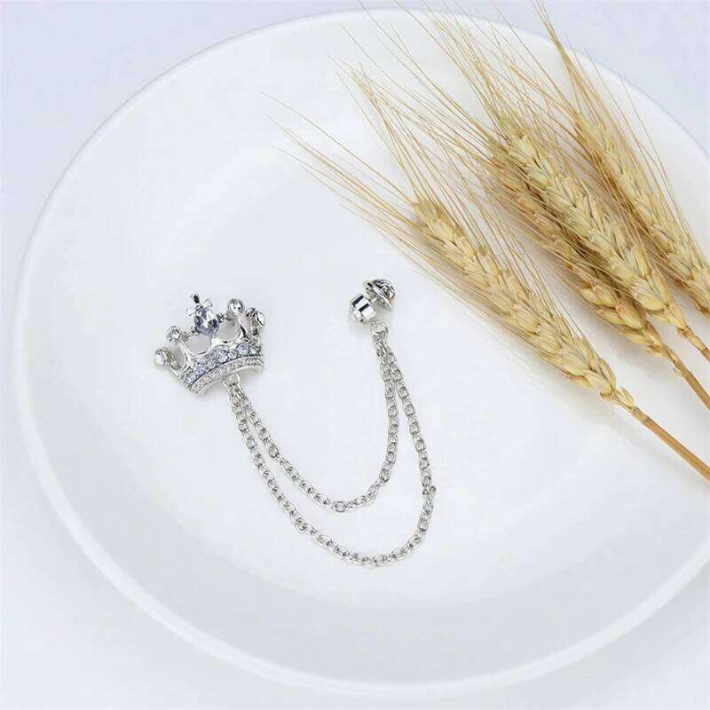 Korean British Style Crown Brooch Suit Tassel Chain Lapel Pin Badge Retro Men Accessories Wedding Banquet Jewelry Gift 25N1225