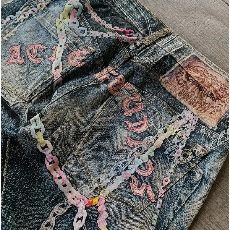 High Street Geometric Letter Chain Print n Oldsized Highwaisted Jeans for Women Y2K Aesthetic Leisure Niche Simple Pants 251225