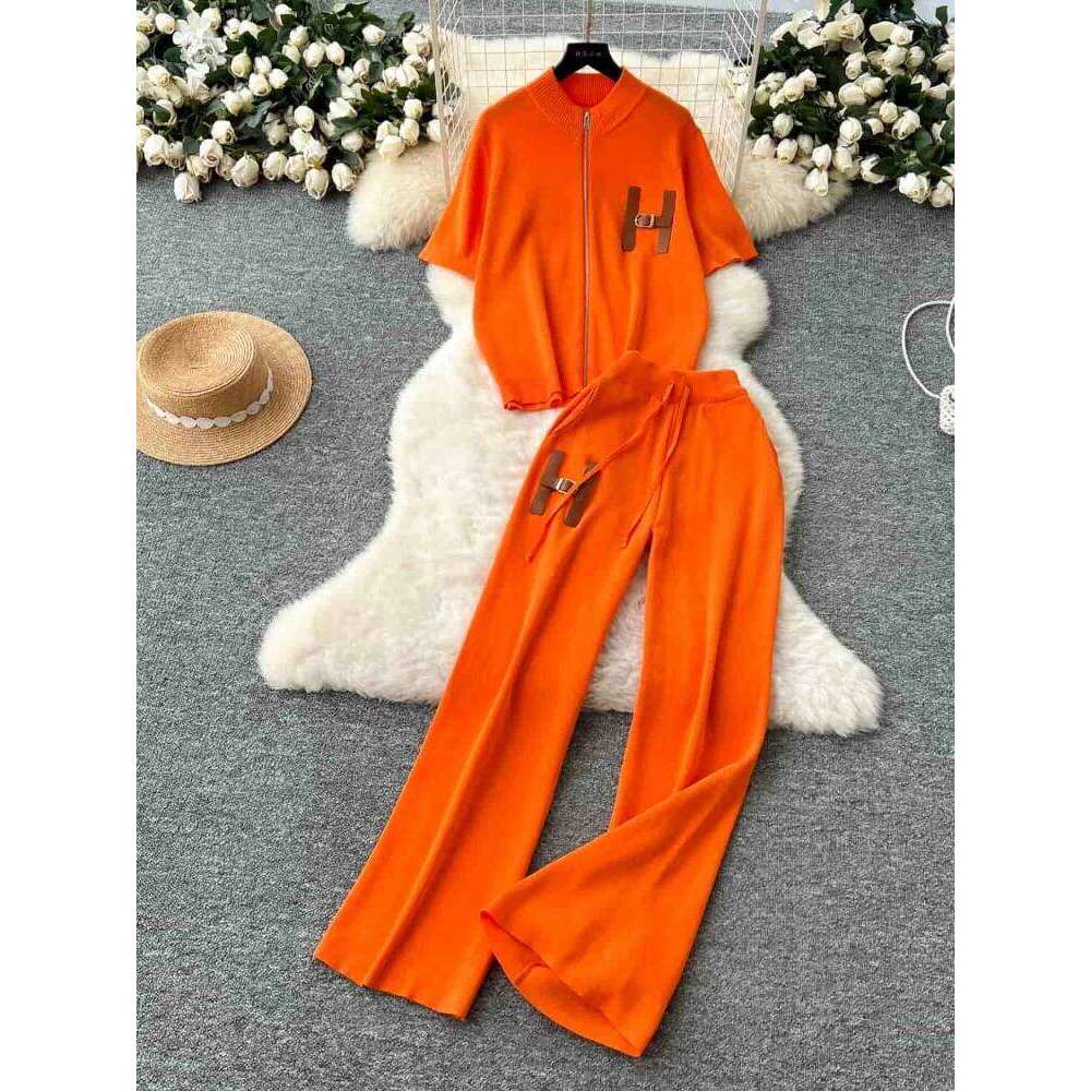 Designer Clothes Leisure Suit Women S European Round Neck Short Sleeved Knitted Cardigan High Waist Wide Leg Pants Summer Two Piece Set Hot Selling