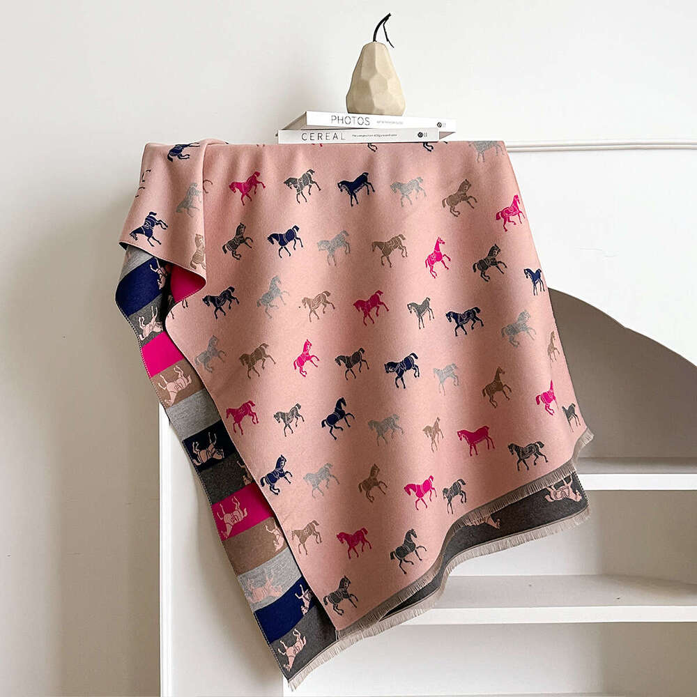 Dh_art Autumn Winter New Warm Imitation Cashmere Scarf for Women Double-Sided Cute Cartoon Horse Color-Block Thickened Neck Warmer Hollow Head Shawl