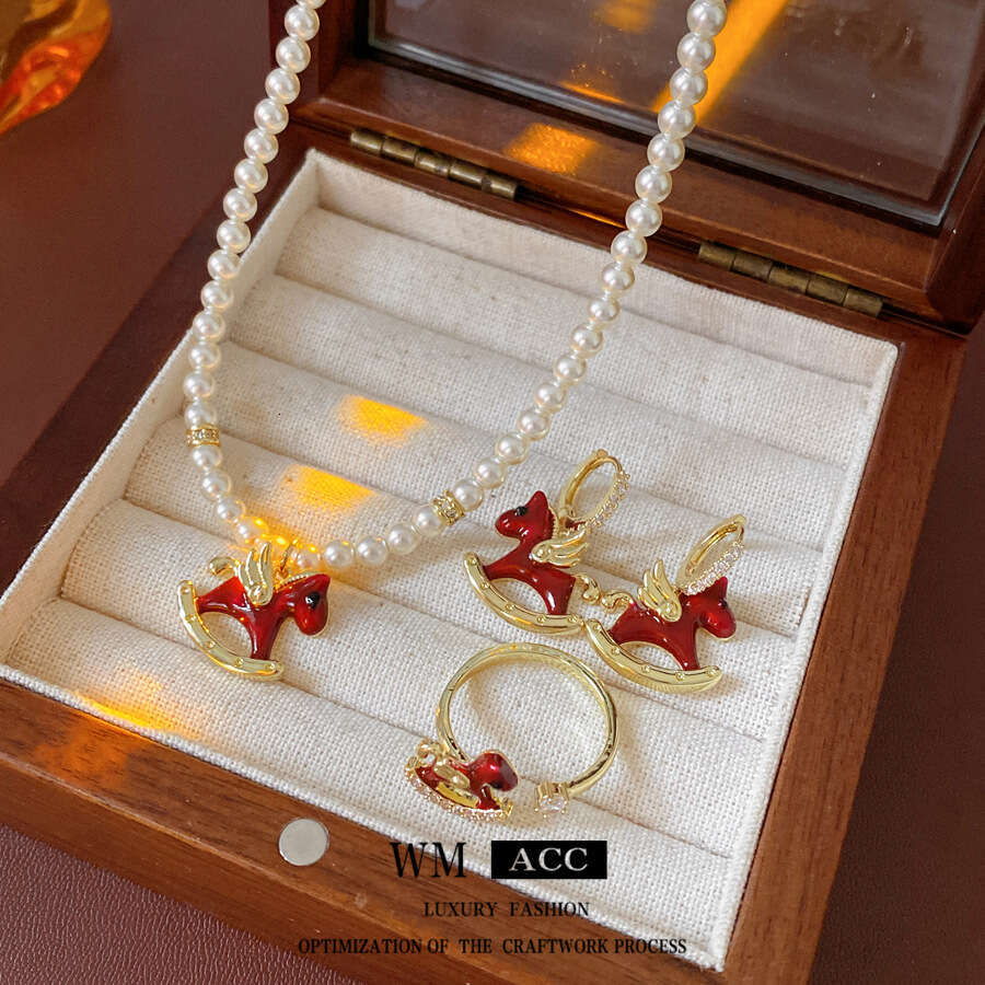 Chinese Zodiac Horse Necklace, Round Beaded Pearl Choker, Enamel Pendant, Red & Gold Bridal Birthday Gift for Women, New Asian Style Jewelry