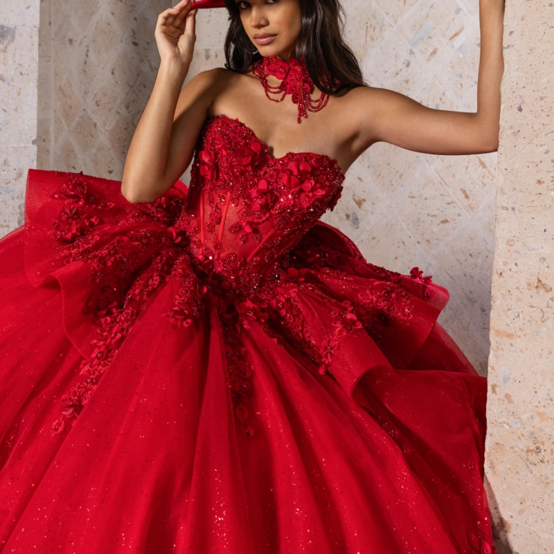 Red Shiny Quinceanera Dresses Ball Gown Off The Shoulder Applique Lace Beading Crystal Bow Tull Corset Sweet 16 Dress Vestidos 15 De Anos