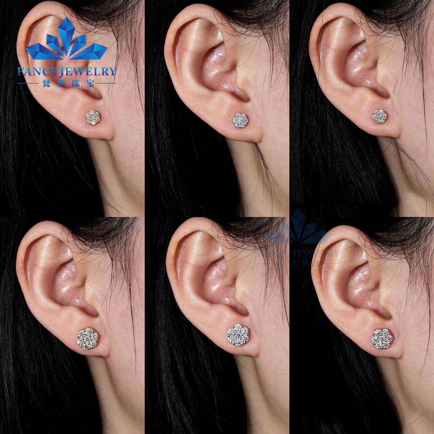 Wholesale Iced Out Hiphop Diamond Earring Silver 925 Vvs Moissanite Stud Earrings Iced Out Cluster Flower Stud Earrings