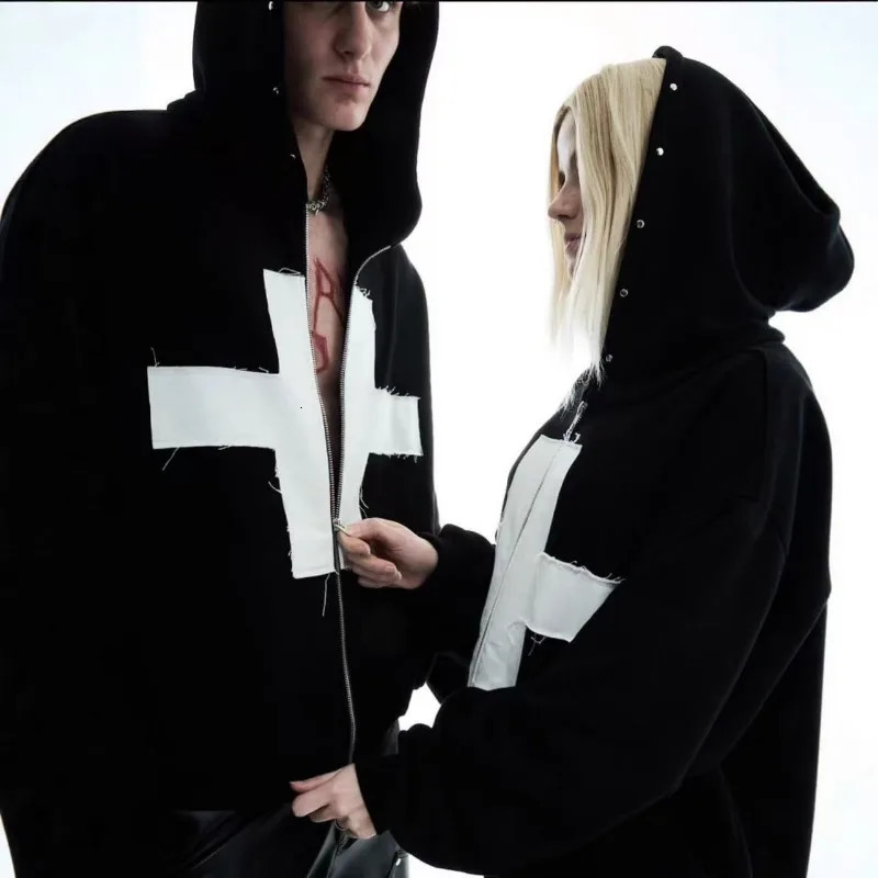 Trendy fashion cross patch goth oversized zip up hoodies for women Harajuku Y2K casual winter clothes couple sweatshirts 251225
