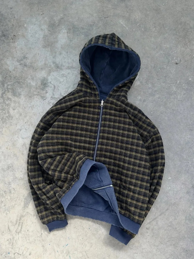 Y2K Harajuku Fashion Letter Printing Doublesided Plaid Zipper Hoodie Women Street Rock Casual Joker Couple Sweater 251225