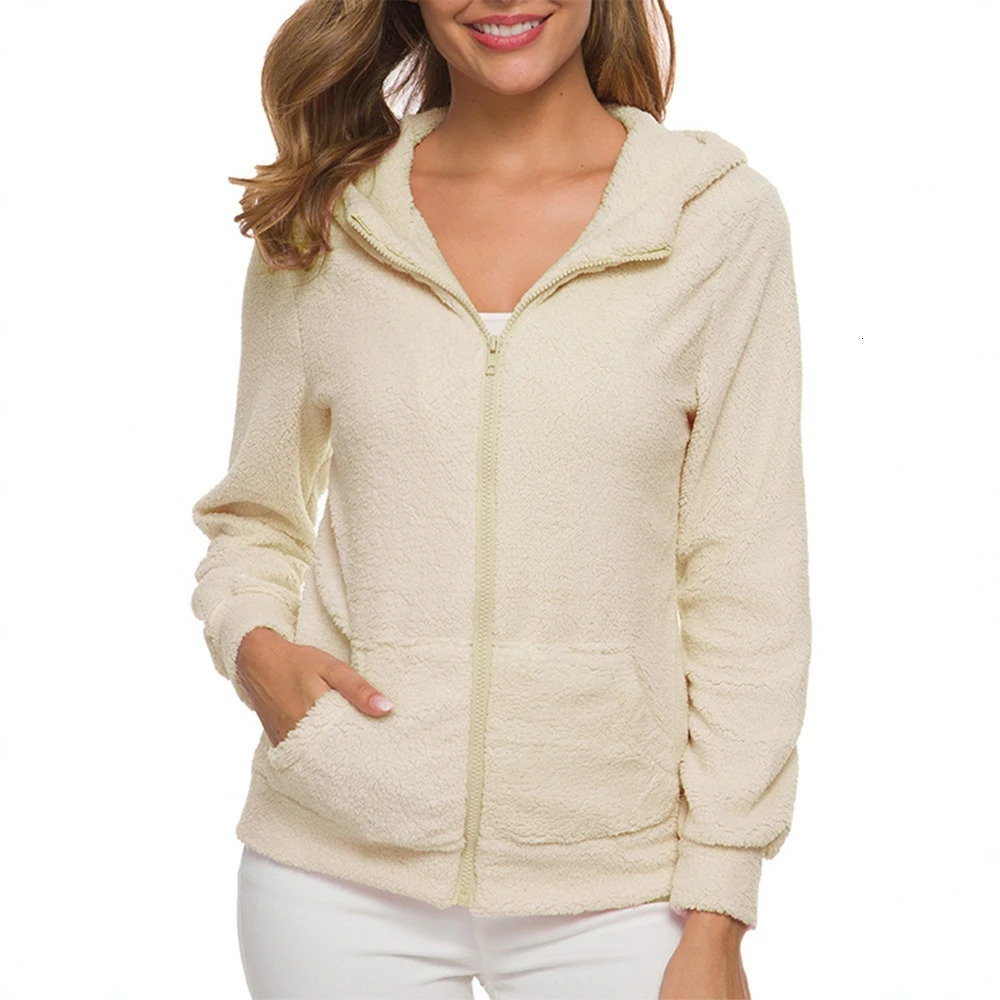 Womens Hooded Coats Polar Fleece Autumn Winter Casual Comfort Soft Faux Jacket Shearling Zipper Front Side Pockets Coat 251225
