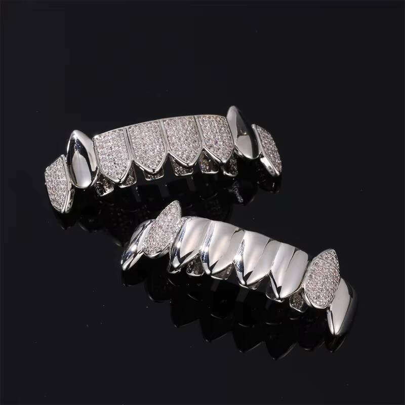 Hip Hop Stainless Steel Teeth Grillz with Diamond Zircon Gold Plated Silver Set-for Parties Anniversaries or Gifts